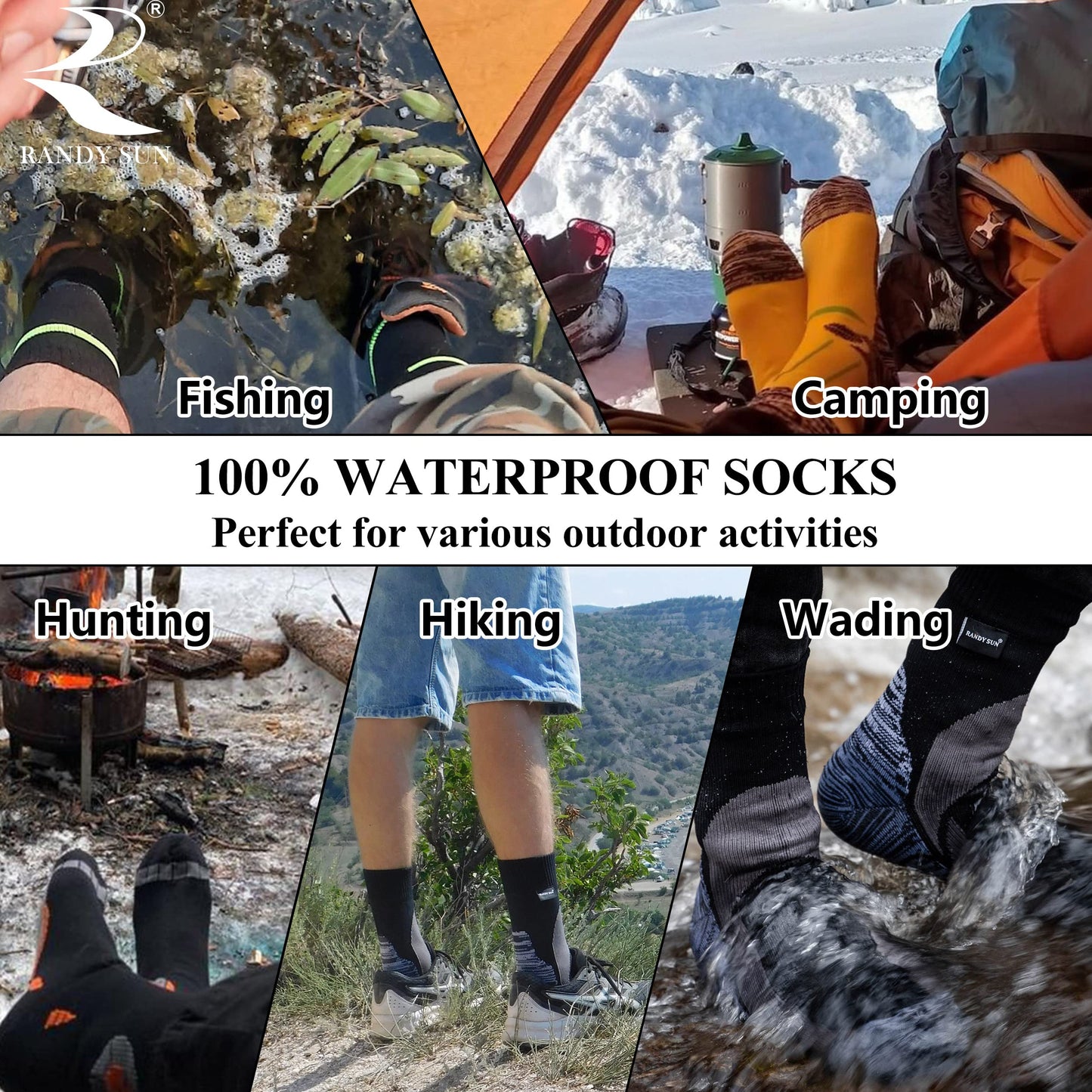 RANDY SUN Mens Waterproof Hiking Socks, Women's Skiing Camping Wading Trail Climbing Cycling Fishing Sports Windproof Business Crew Cushioned Socks, Black Grey M
