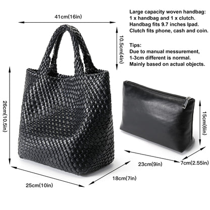 Queenoris Woven Bag for Women, Vegan Leather Tote Bag Large Summer Beach Travel Handbag and Purse Retro Handmade Shoulder Bag (Black)