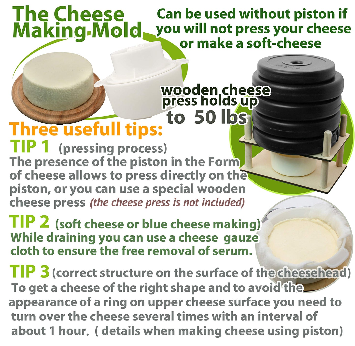 PetriStor Cheese Mold for Cheese Making Cheese with Follower Piston 1.3QT and Cheesecloth - Cheese Form Mold - Cheese Making Basket - Paneer Cheese Press Mold - Molde Para Queso