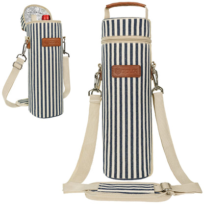 opux Wine Bag Single Bottle Carrier Tote, Insulated Wine Cooler Bag for Travel Picnic Beach with Shoulder Strap, Thermal One Bottle Holder Carrying Case Gift for Women Men, Navy White Stripes