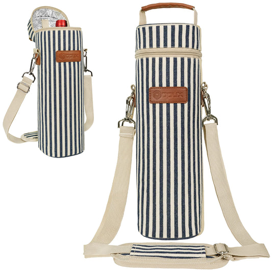 opux Wine Bag Single Bottle Carrier Tote, Insulated Wine Cooler Bag for Travel Picnic Beach with Shoulder Strap, Thermal One Bottle Holder Carrying Case Gift for Women Men, Navy White Stripes