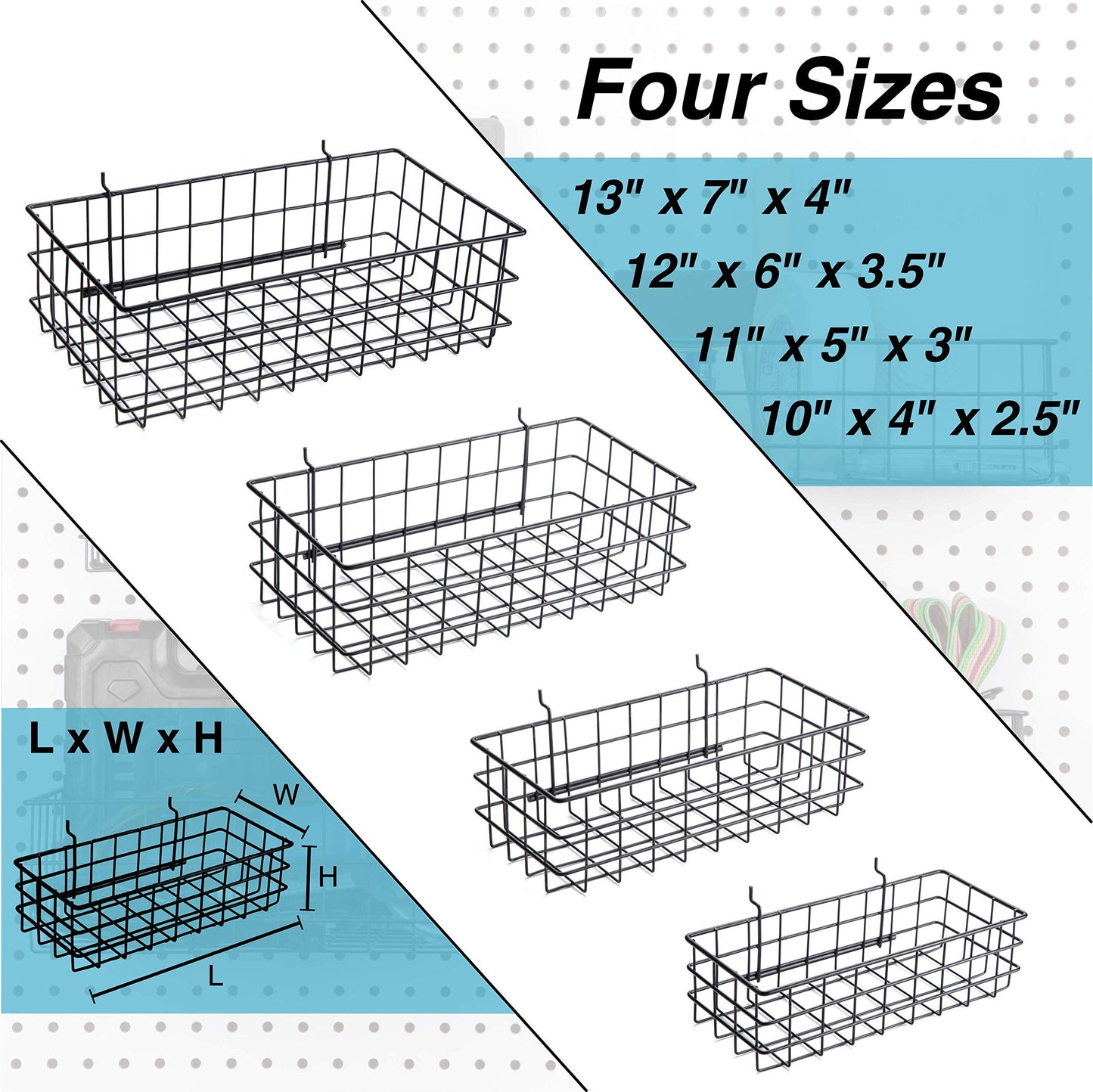 Pegboard Baskets, Set of 4 Black - Hooks to Any Peg Board - Pegboard Accessories, Square Style Wire Shelf Baskets - Organize Tools, Workbench, Garage Storage - Wall Organizer Attachments