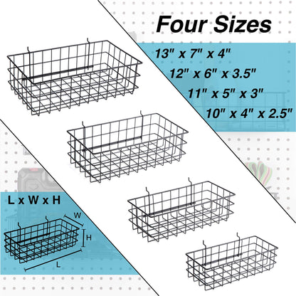 Pegboard Baskets, Set of 4 Black - Hooks to Any Peg Board - Pegboard Accessories, Square Style Wire Shelf Baskets - Organize Tools, Workbench, Garage Storage - Wall Organizer Attachments
