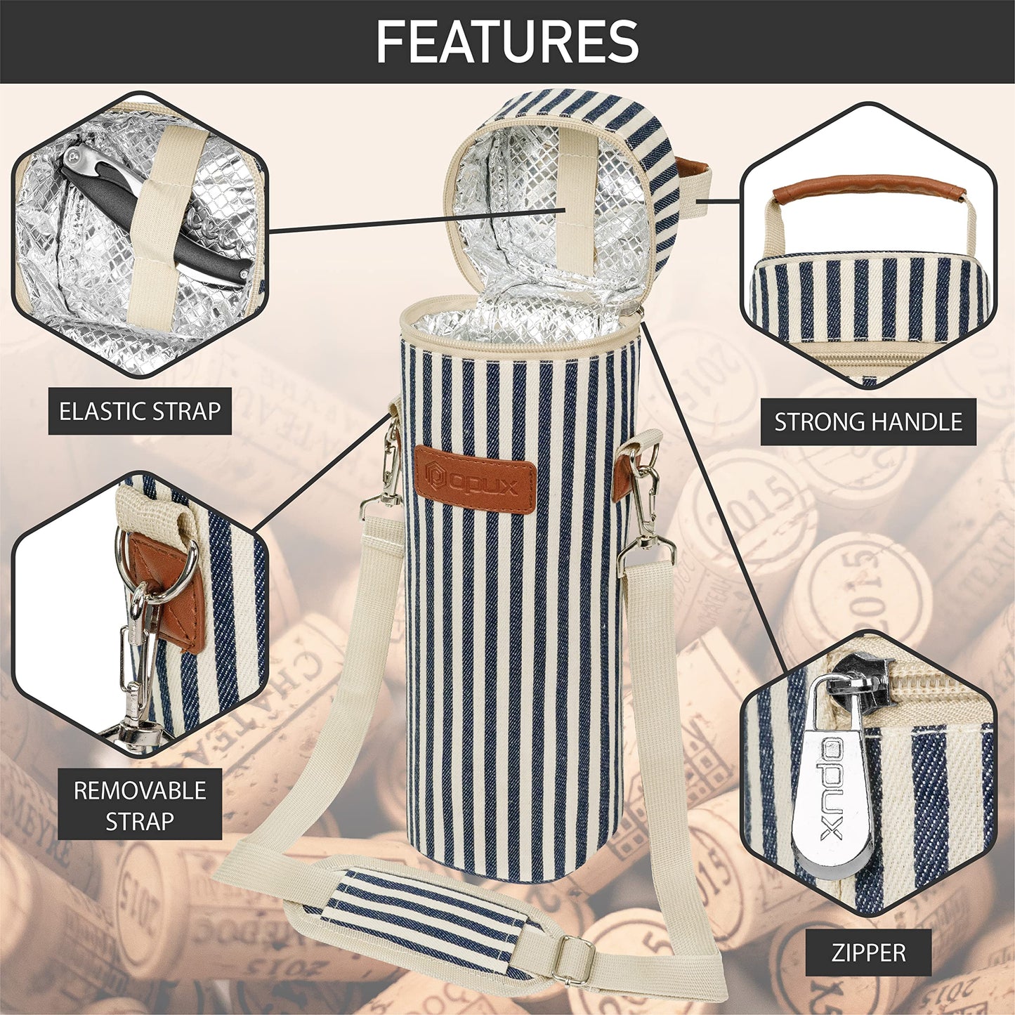 opux Wine Bag Single Bottle Carrier Tote, Insulated Wine Cooler Bag for Travel Picnic Beach with Shoulder Strap, Thermal One Bottle Holder Carrying Case Gift for Women Men, Navy White Stripes