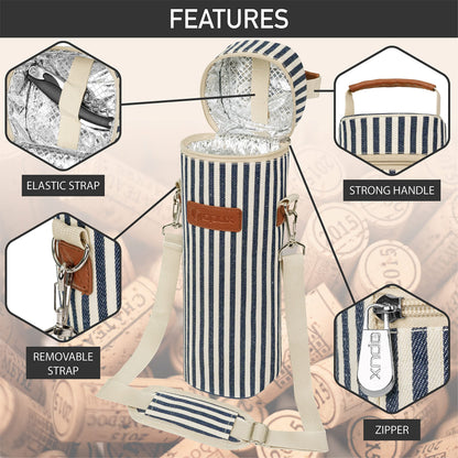 opux Wine Bag Single Bottle Carrier Tote, Insulated Wine Cooler Bag for Travel Picnic Beach with Shoulder Strap, Thermal One Bottle Holder Carrying Case Gift for Women Men, Navy White Stripes