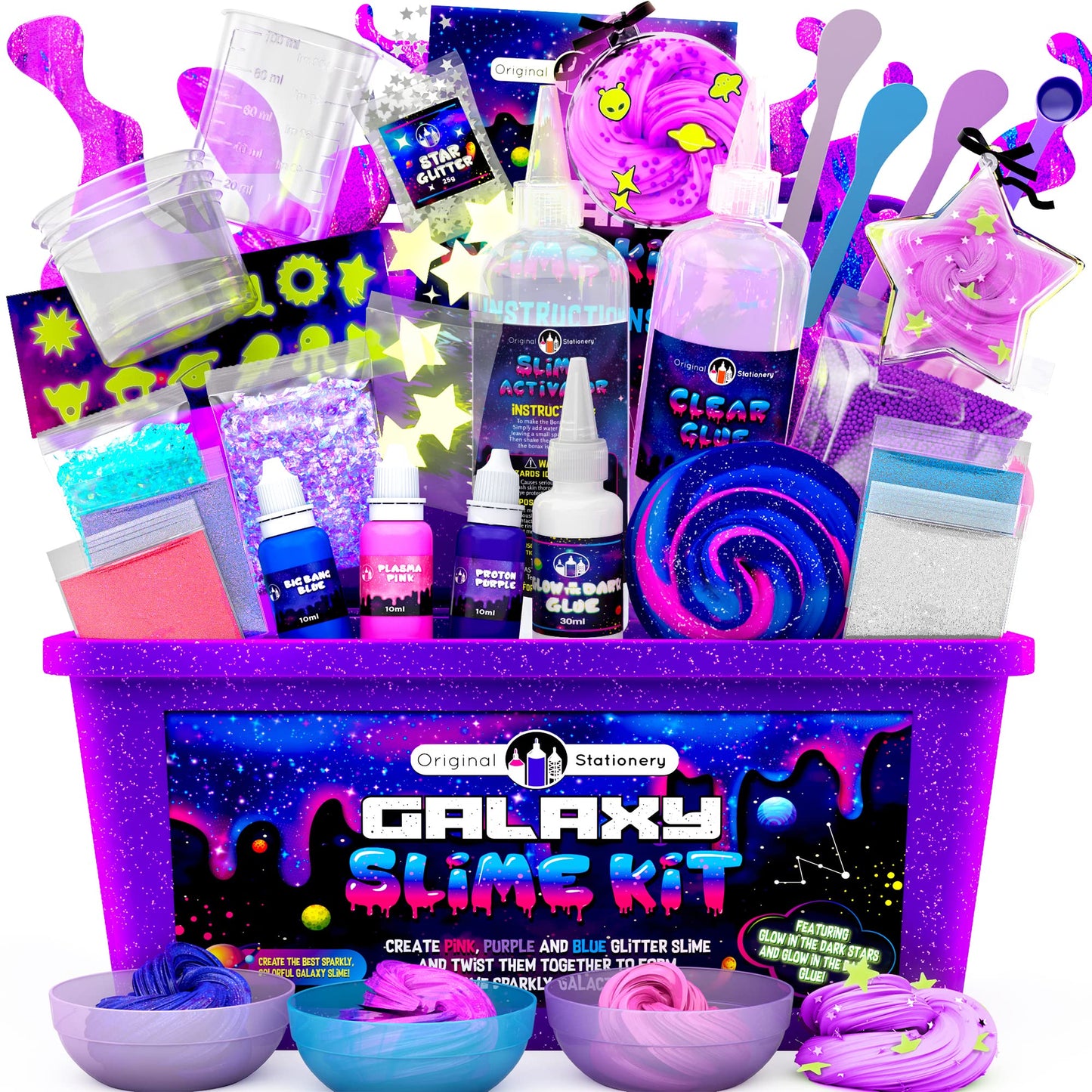 Original Stationery Galaxy Slime Kit - Box, Space Theme - Make Your Own Slime Kit with Glow-in-The-Dark Stars & Glitter Powders for Girls, Ages 8-12