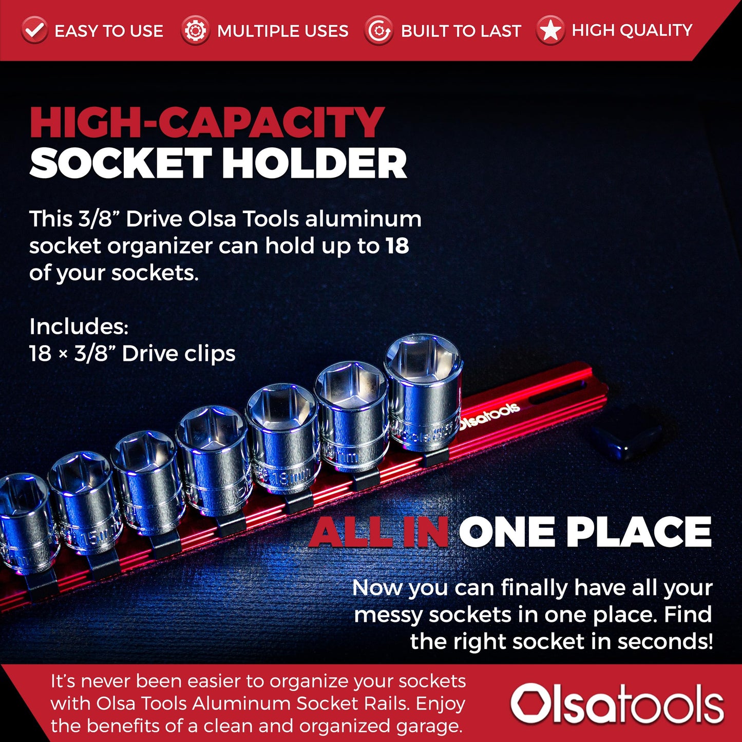 Olsa Tools Socket Organizer - 3/8-Inch Drive Red Holder - Stores 18 Chrome or Impact Sockets - Durable Rail Storage for Mechanics - Professional Grade Metric or SAE Socket Organizer - Part 1011