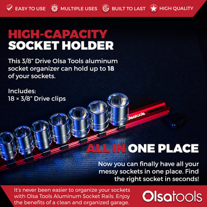 Olsa Tools Socket Organizer - 3/8-Inch Drive Red Holder - Stores 18 Chrome or Impact Sockets - Durable Rail Storage for Mechanics - Professional Grade Metric or SAE Socket Organizer - Part 1011