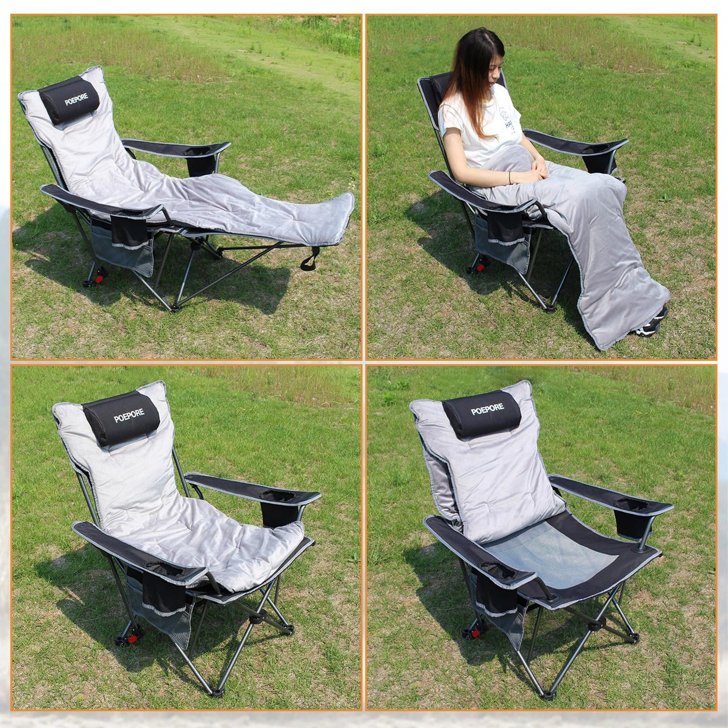 POEPORE Reclining Camping Chair with Removable Footrest Lounge Chair with Headrest, Cotton Cushion, Portable Adjustable Folding Chairs for Adults Black
