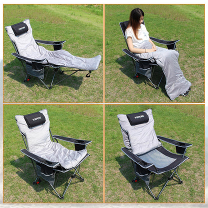POEPORE Reclining Camping Chair with Removable Footrest Lounge Chair with Headrest, Cotton Cushion, Portable Adjustable Folding Chairs for Adults Black