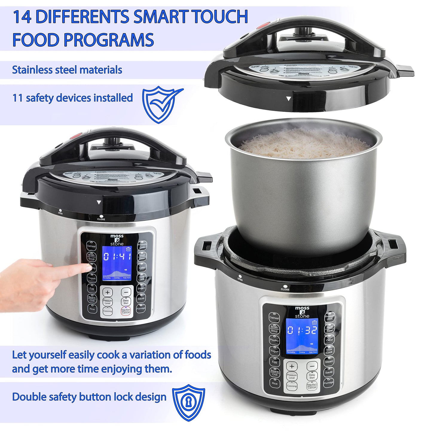 Moss & Stone Electric Pressure Cooker with Large LCD Display, Multi-Use 6 Quart Pot, 14-in-1 Cooker & Maker: Slow, Rice, Steam, Saute, Yogurt, Egg, Warmer