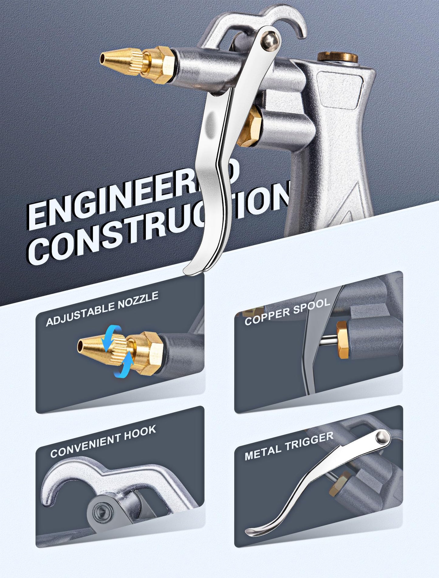 JASTIND Industrial Air Blow Gun with Brass Adjustable Air Flow Nozzle and 2 Steel Extension, Pneumatic Air Compressor Accessory Tool Dust Cleaning and Blower Gun