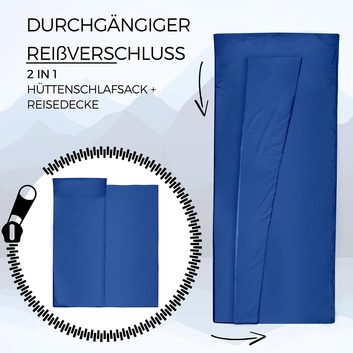 MIQIO Sport 2-in-1 Sleeping Bag Liner and XL Sized Travel Sheet - Ultra Lightweight Sleep Liner Double Travel Bed Sheet Inlett Inlay - Blue Zipper Right