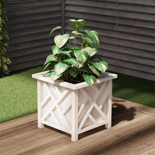 Lattice Design Outdoor Planter Box - 14.75” Square 13” Tall White Plant Pot - Decorative Plant Pots for Front Porch Decor - Flower Pots Outdoor Planters for Porch Patio or Garden Decor by Pure Garden