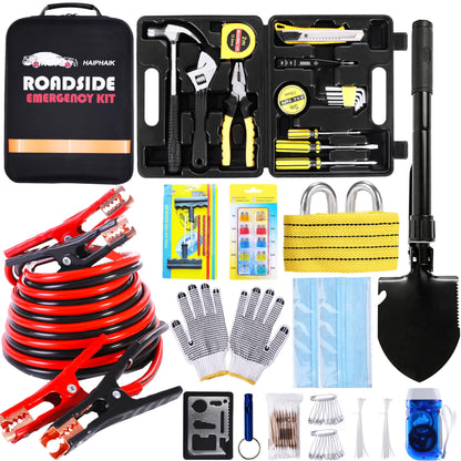 HAIPHAIK Emergency Roadside Kit for Car,Emergency Kits for Vehicles,Safety Kits for Cars, Car Jumper Cables Kit(11.8 Foot Upgrade) 124 Pcs,Tow Strap, Folding Survival Shovel,Car Tool Kit