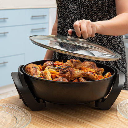 Moss & Stone Round Nonstick Electric Skillet With Lid, Aluminum 12x12 Inch Electric Frying Pan 5Qt, Nonstick Cooking Surface, Adjustable Temperature Control, Vented Glass Lid, Heat-Resistant Handle