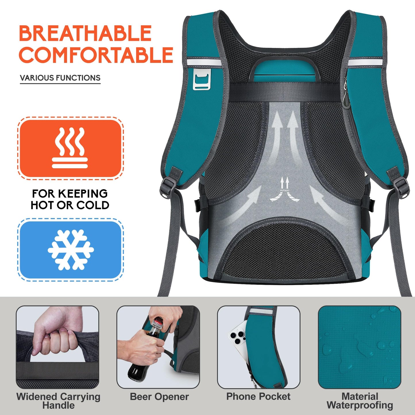 N NEVO RHINO Backpack Cooler, 36 Cans, Insulated, Waterproof, Leakproof, Large Capacity, Multiple Pockets, Green