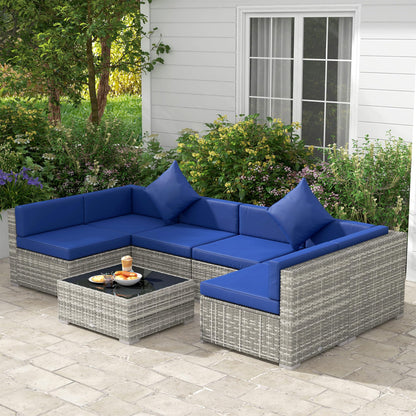 Outsunny 7-Piece Patio Furniture Set, Outdoor Wicker Conversation Set, All Weather PE Rattan Sectional Sofa Set with Cushions and Tempered Glass Top Coffee Table, Pillows, Blue