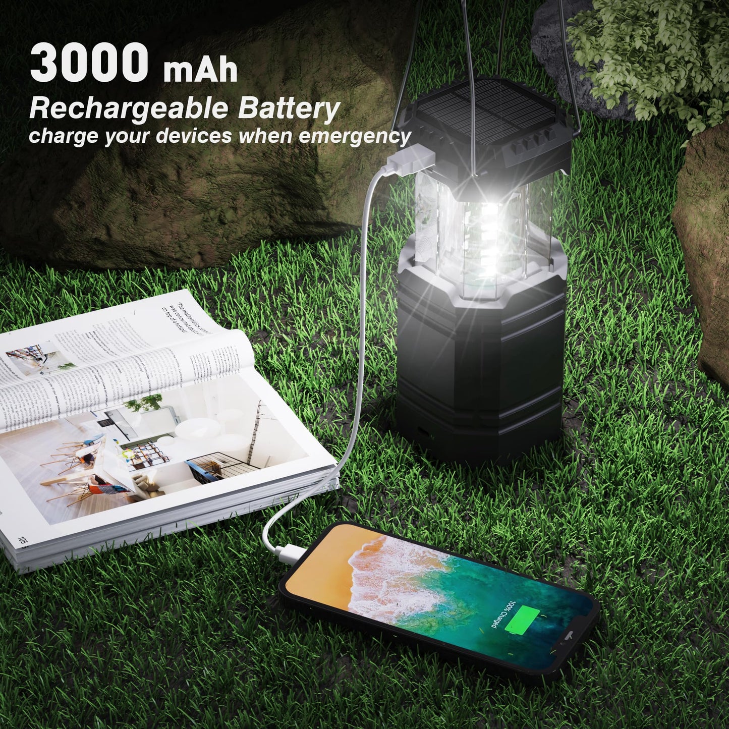 3000mAh Large Capacity Hand Crank Solar Camping Lantern, Portable Ultra Bright LED Torch, 23-26 Hours Running Time, USB Charger, Electronic Lantern for Outdoor