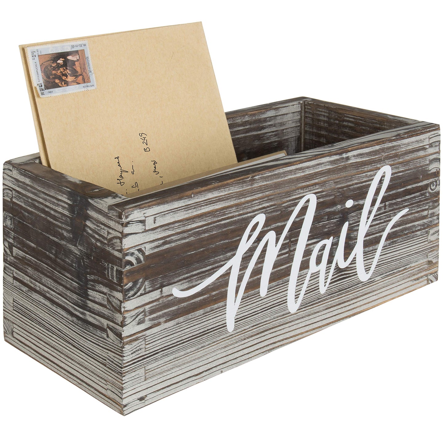 MyGift Mail Holder Storage Organizer Box Torched Wood with MAIL Script Design, Desktop Letters, Bills, Notes and Postcard Bin for Home Office Dorm Room