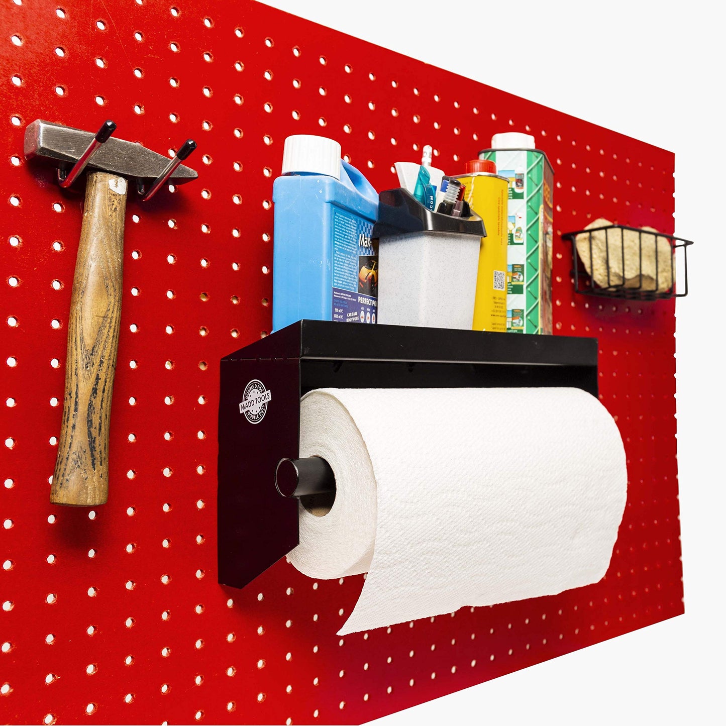 Pegboard Paper Towel Holder with Shelf, Peg Board Accessory Kit with Heavy Duty Peg Hooks, Black Pegboard Accessories Tool Holder Organizer