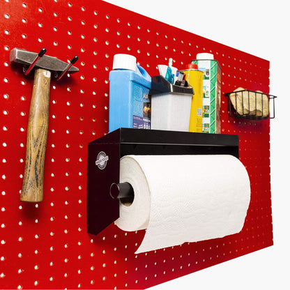 Pegboard Paper Towel Holder with Shelf, Peg Board Accessory Kit with Heavy Duty Peg Hooks, Black Pegboard Accessories Tool Holder Organizer