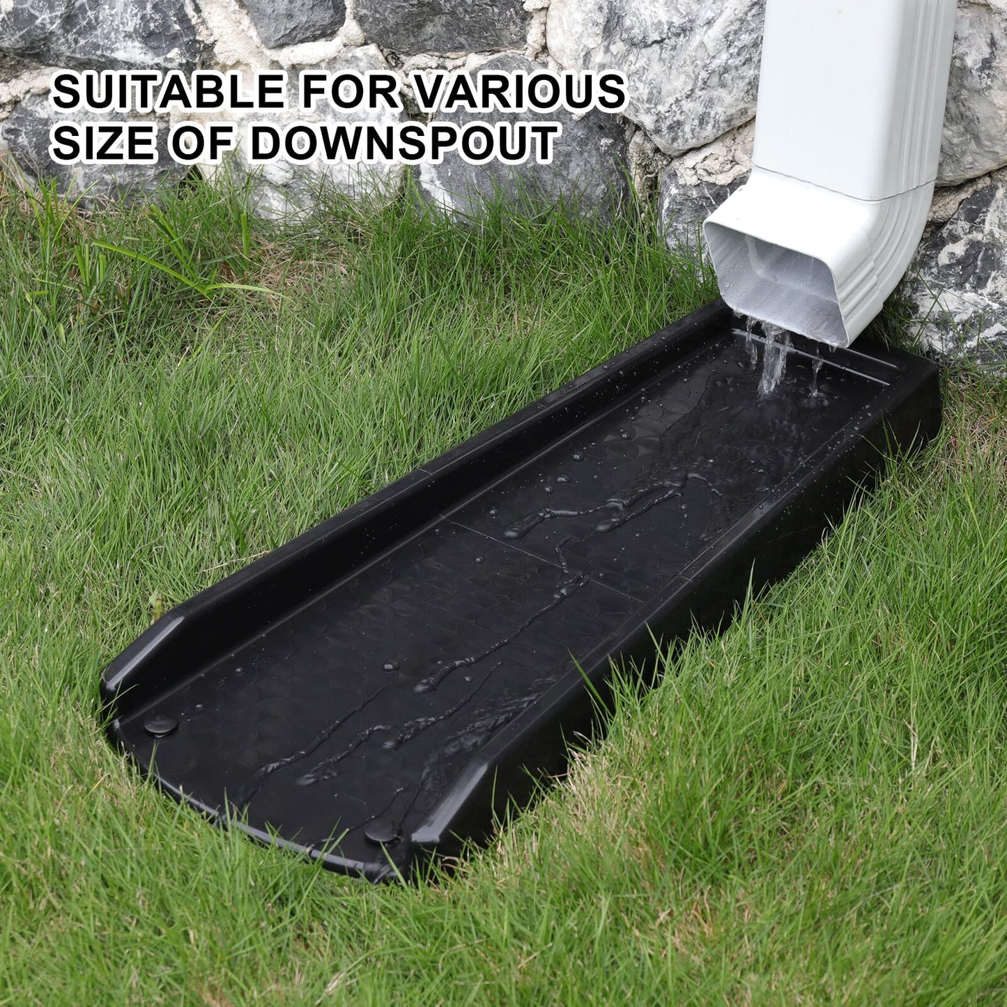 plusgutter Rain Gutter Downspout Splash Block, Gutter Downspout Extensions for Water Drainage, 24" Gutter Splash Guards Downspout Extender, Fixable Down spout Drain Trays with PE Nails(2 Pack, Black)