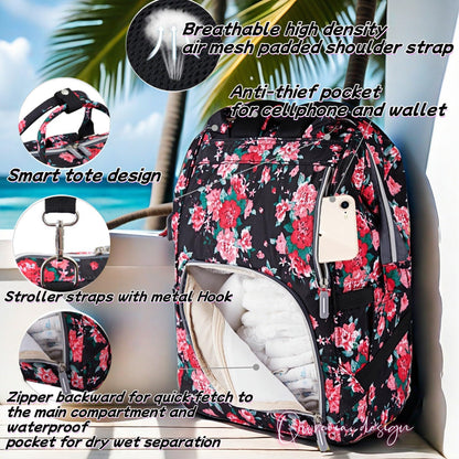 QWREOIA Floral Diaper Bag Backpack with USB Charging Port Stroller Straps and Insulated Pocket, Travel Bag Nappy Backpack For Women/Mum (Red Flower Pattern)