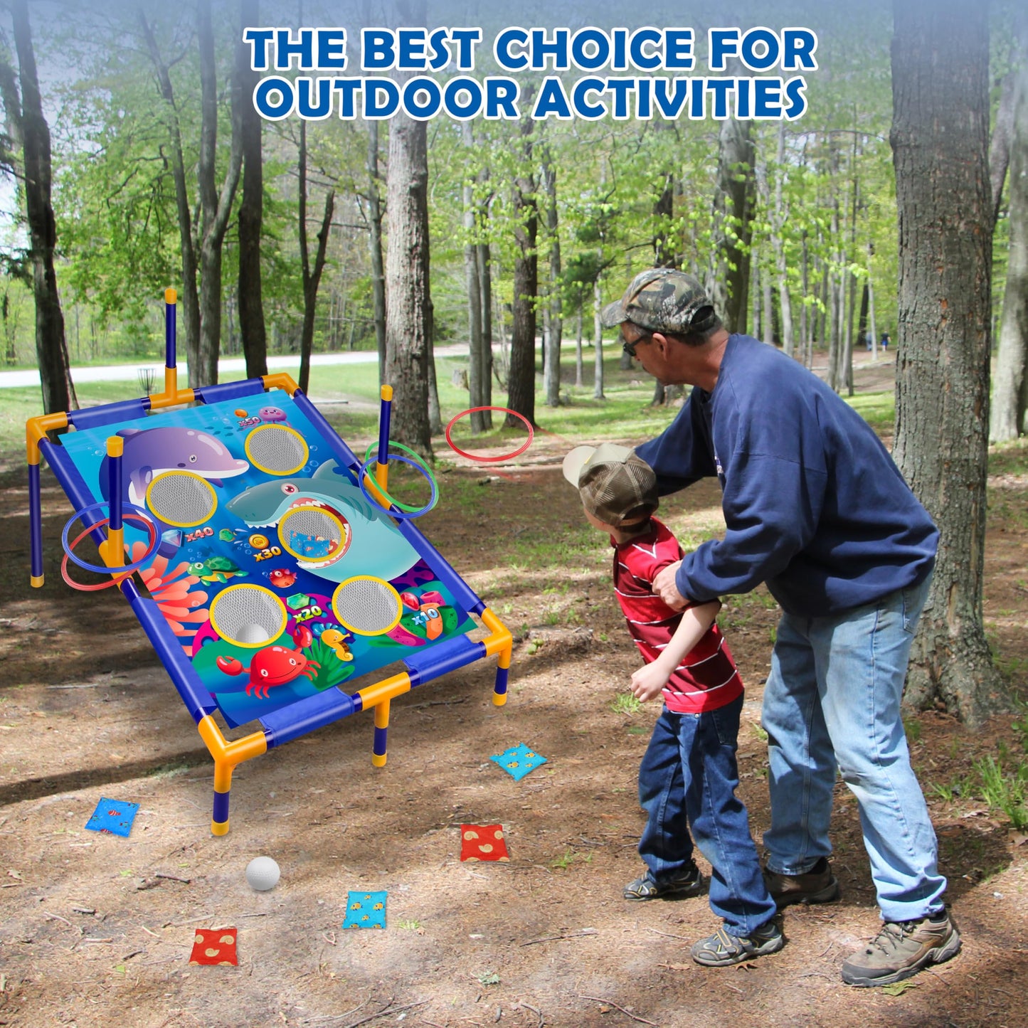 3-in-1 Bean Bag Toss Game Toy,Outdoor Toss Game with Stand for Ring Toss,Bean Bags & Balls, Family Party Supplies for Kids,Birthday for Boys,Toddlers Ages 3 4 5 6 Years Old