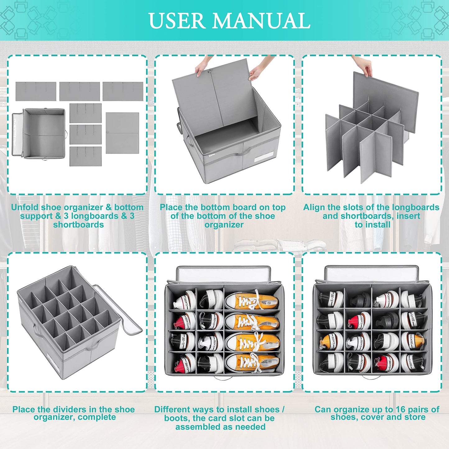 LUVHOMEE Shoe Organizer for Closet, Fits 16 Pairs, Large Shoe Box Storage Containers, Clear Foldable Shoe Storage Bins w/Bottom Support, Space Saving Shoes Holder w/Reinforced Handles, Gray