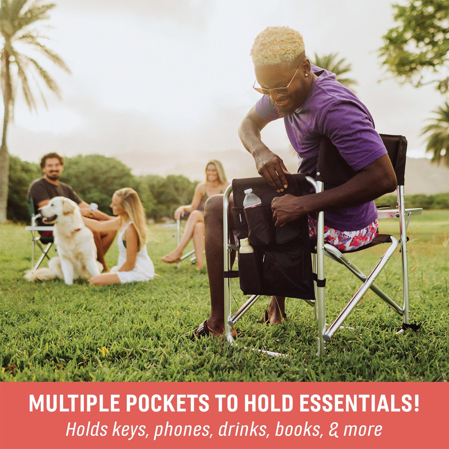 PICNIC TIME Sports Chair with Side Table, Outdoor Foldable Padded Adult Camping Chairs with Cup and Accessory Panel for Lawn, Beach, & Sports Use for Adults, up to 300-lbs Capacity, (Red)