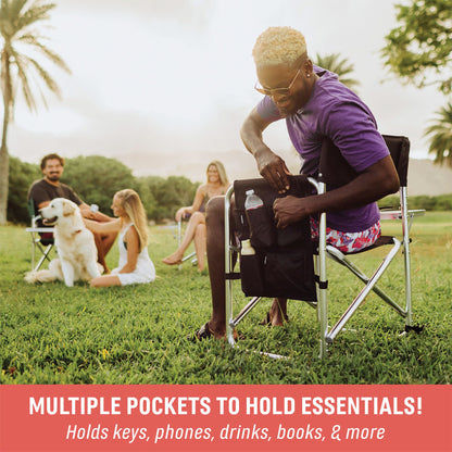 PICNIC TIME Sports Chair with Side Table, Outdoor Foldable Padded Adult Camping Chairs with Cup and Accessory Panel for Lawn, Beach, & Sports Use for Adults, up to 300-lbs Capacity, (Purple)