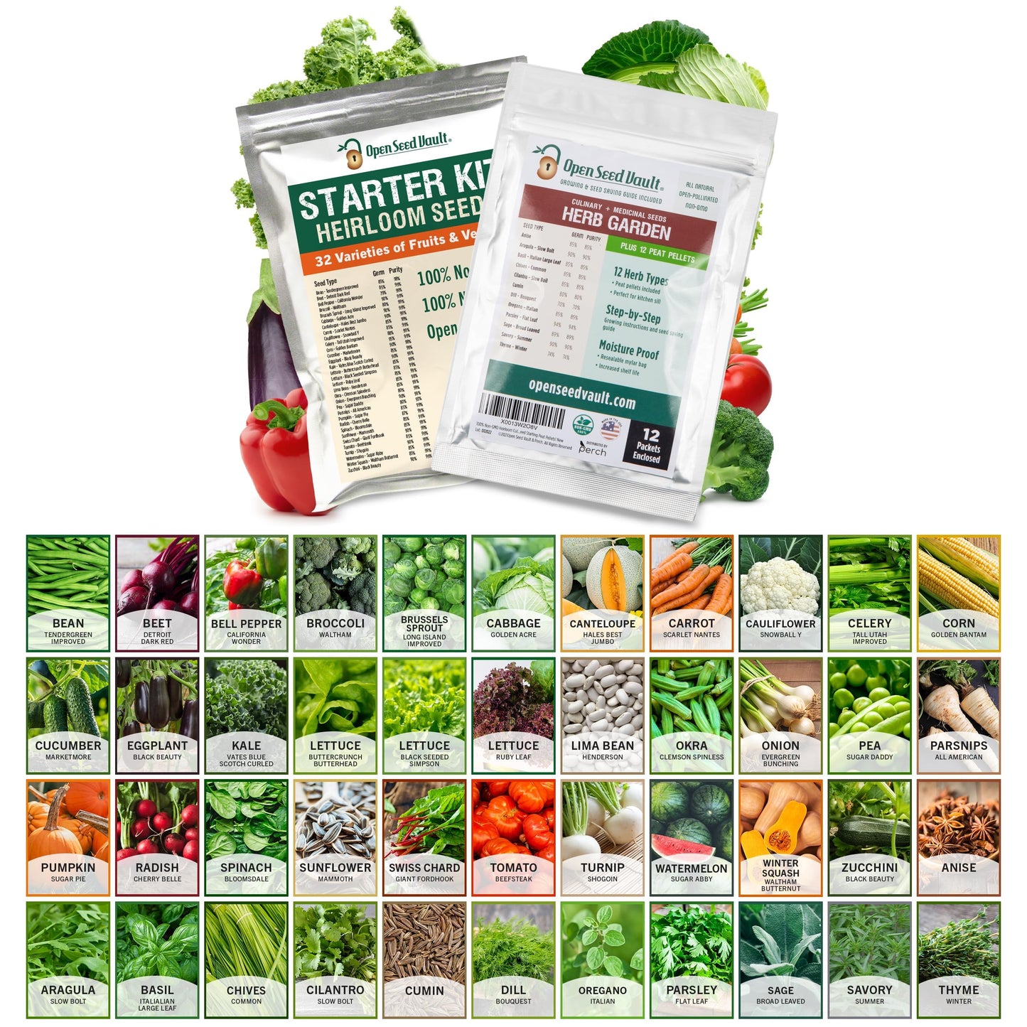 Open Seed Vault Variety Pack Bundle (44 Varieties) Herb Garden Seeds - Gardening Seed Starter Kit, Survival Gear Food, Gardening Gifts, Emergency Supplies - Premium, High Yield Produce