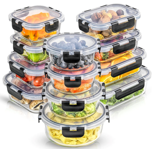JoyJolt 24pc Borosilicate Glass Storage Containers with Lids | 12 Airtight/Freezer Safe Food Storage Containers for Pantry and Kitchen | Meal Prep Container for Lunch | Glass Tupperware Set