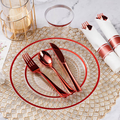 Goodluck 350 Piece Red Plastic Dinnerware Set for Party, Clear Disposable Plates for 50 Guests, Include: 50 Dinner Plastic Plates, 50 Dessert Plates, 50 Pre Rolled Napkins with Cutlery Set, 50 Cups
