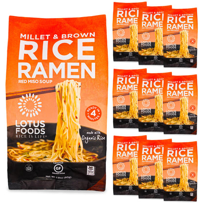 Lotus Foods Bulk Food Organic Millet & Brown Rice Ramen Noodles with Red Miso Soup, Gluten-Free Easy to Cook & Healthy Japanese Noodles with Instant Gourmet Broth, 2.8 Oz (Pack of 10)