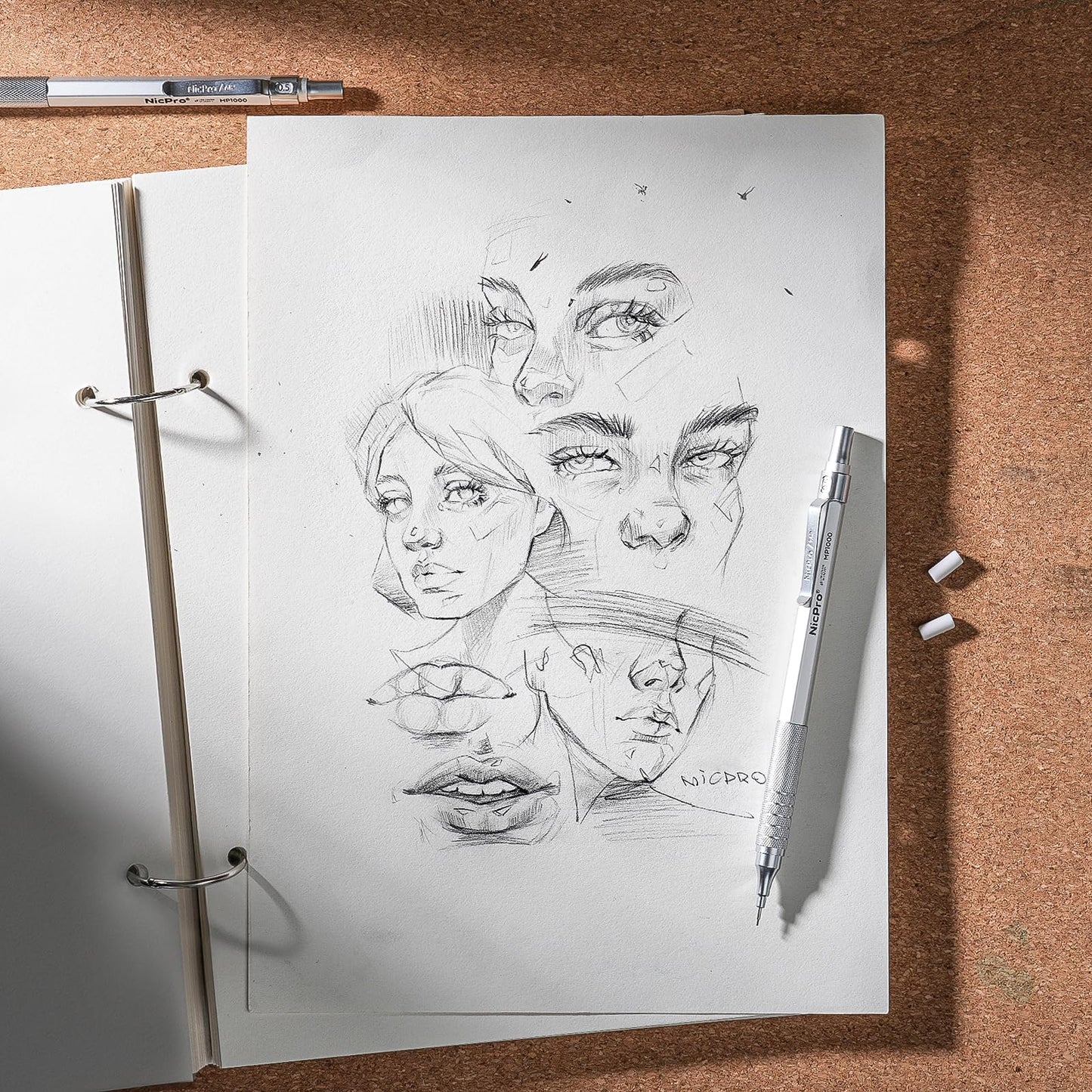 Nicpro 2 PCS Mechanical Pencil 0.5mm & 0.7 mm with Case, MP1000 Metal Artist Pencil Set with 6 Tubes HB Lead Refills, 3 Erasers, 9 Eraser Refills For Art Writing Drafting, Drawing, Sketch, Silver