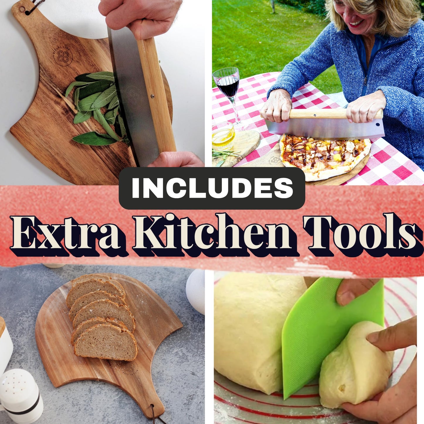 Pizza Stone for Oven and Grill Set - 5PCS Pizza Making Accessories Kit - 15 inch Pizza Stone with Handles, Pizza Peel, Pizza Cutter, Dough Tool - Baking Stone for Bread - Large Rectangular Oven Stones