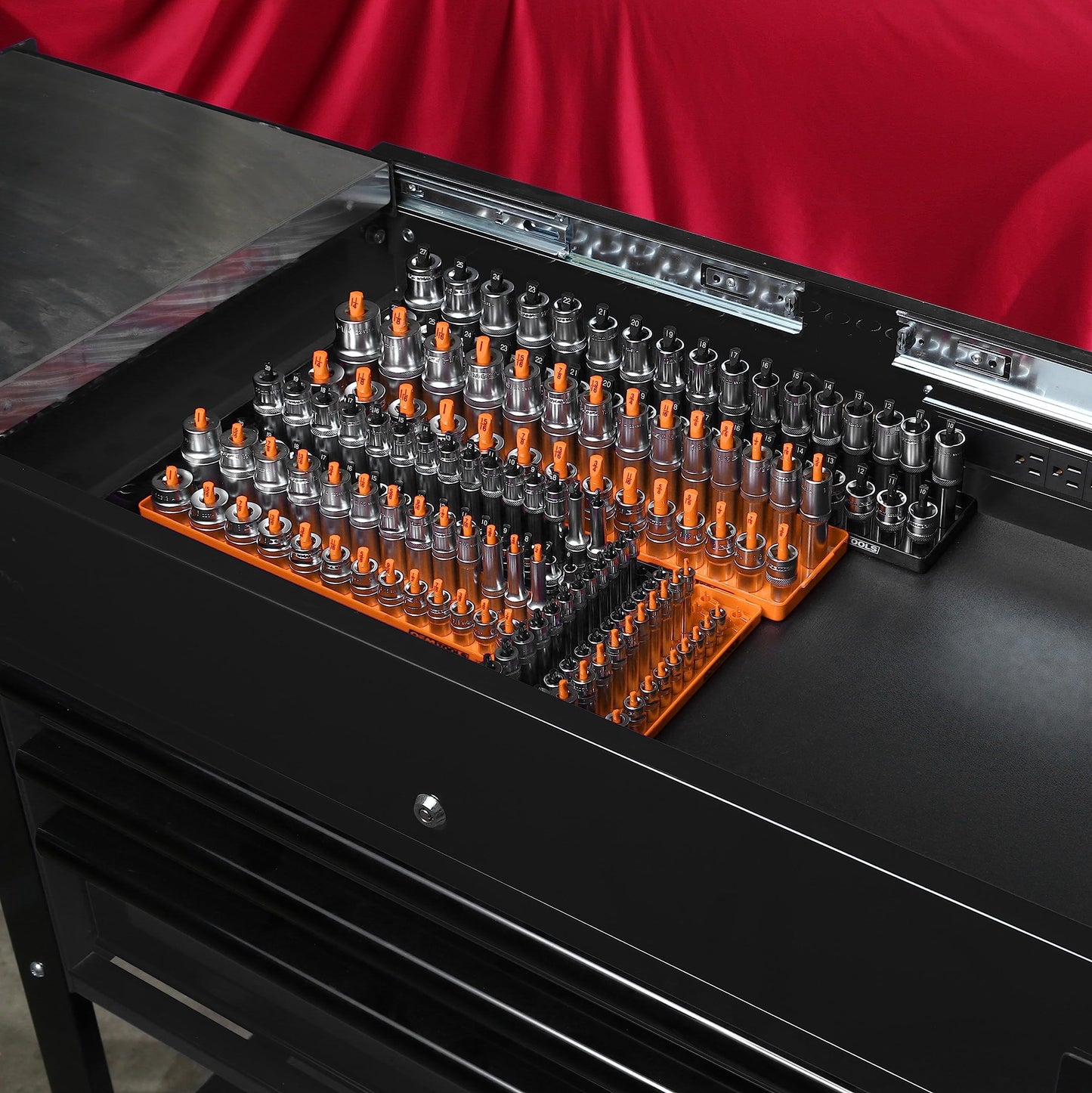 OEMTOOLS 22418 6 Piece SAE and Metric Socket Tray Set, SAE and Metric Socket Storage for Sizes 1/4", 3/8”, and 1/2" Drive, Socket Holders and Socket Organizer Tray for Toolbox, Orange and Black