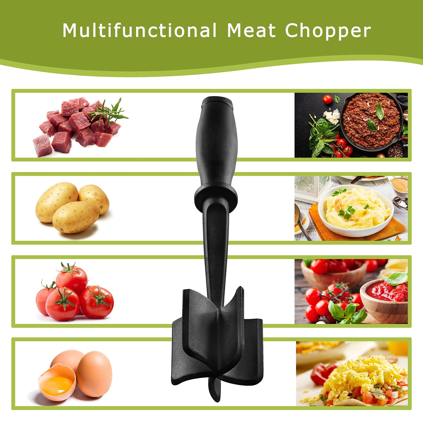 Meat Chopper Masher for Ground Beef and Hamburger Meat, Heat Resistant 5 Curved Blades Ground Beef Smasher, Nylon Meat Spatula Hamburger Chopper, Mix and Chop Kitchen Tool