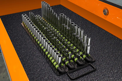Olsa Tools Portable Socket Organizer Tray | Black Rails with Green Clips | Holds 80 Sockets | Professional Quality Socket Holder