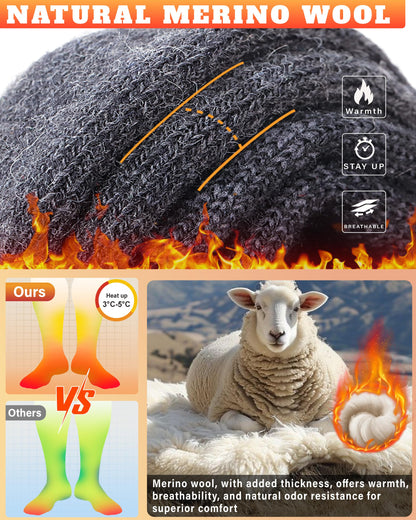 Merino Wool Cold Weather Ski Socks for Snowboarding, Snow, Winter - Thermal Knee-High Warm Socks for Hunting, Outdoor Sports (3 Pairs, Black Grey Grey, X-Large)