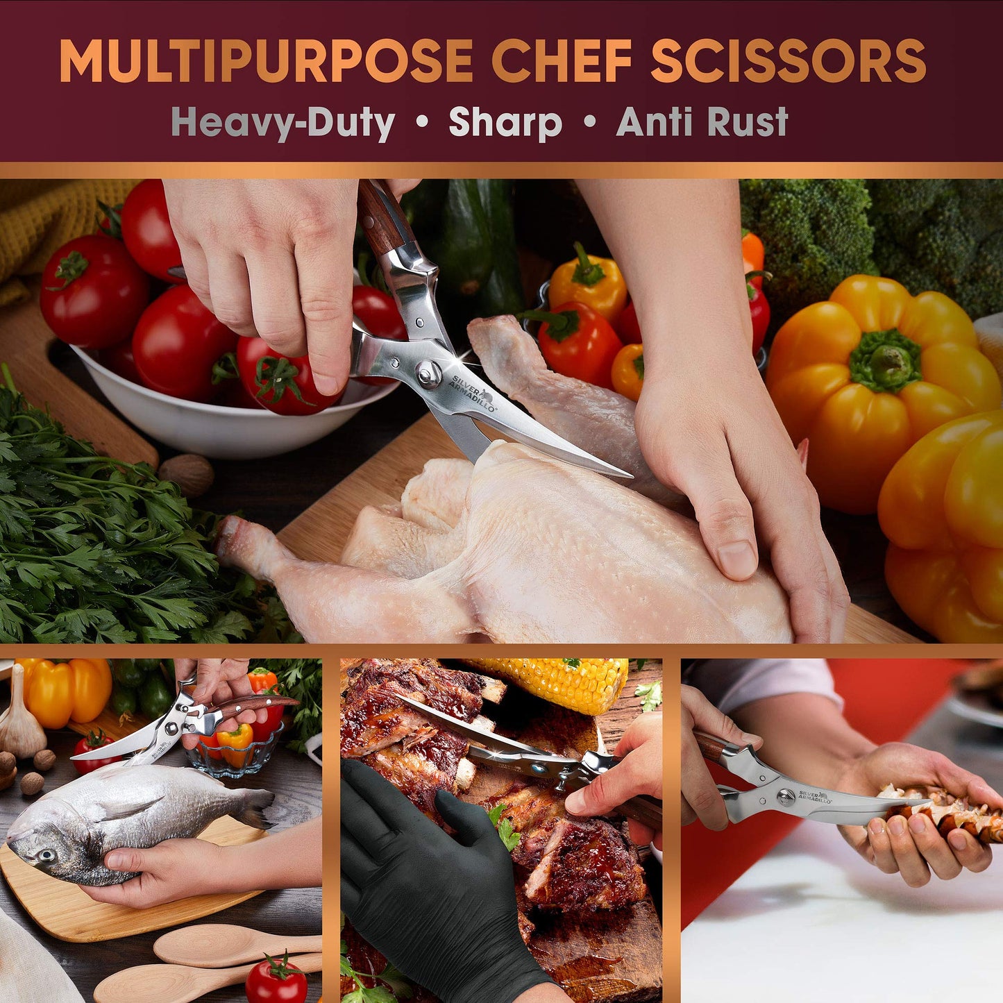 Heavy Duty Poultry Shears | Food Grade Stainless Steel Scissors for Bone, Chicken, Meat, Fish, Seafood, Vegetables | Anti-Rust Ergonomic Spring Loaded Food SHEAR | Built-In Lock |(Brown Wood Handles)