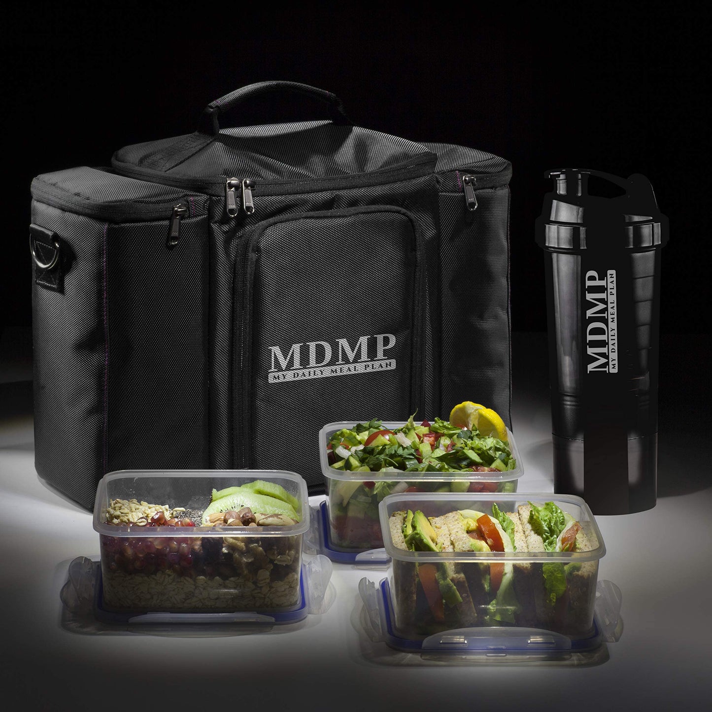 Meal Prep Lunch Bag/Box For Men, Women + 3 Large Food Containers (45 Oz.) + 2 Big Reusable Ice Packs + Shoulder Strap + Shaker With Storage. Insulated Lunchbox Cooler Portion Control Set (Black)
