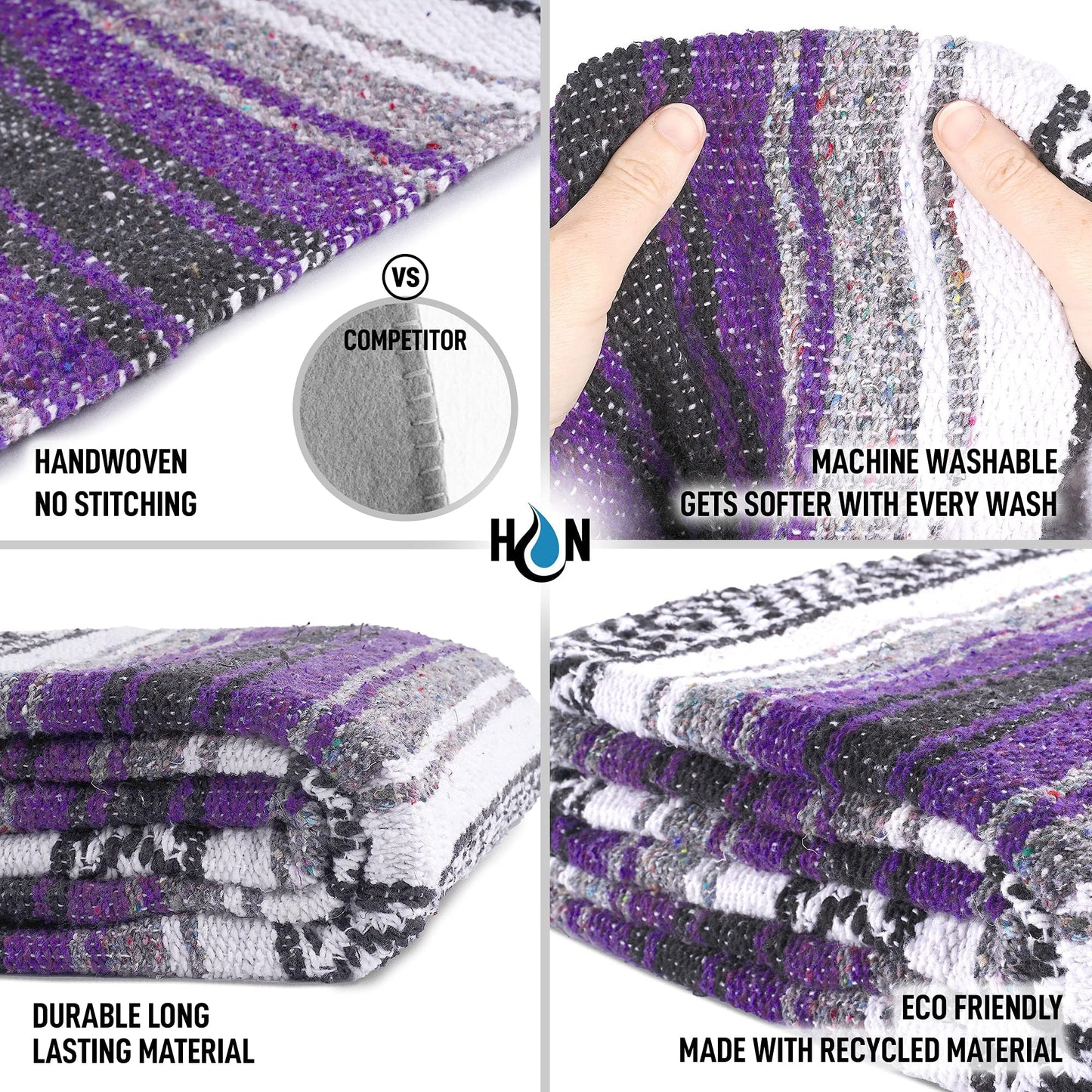 Hydration Nation Authentic Extra Large Mexican Blanket (70"x50") - Handwoven Yoga, Serape - Artisanal Falsa, Beach, Camping, Picnic, Outdoor (Purple)