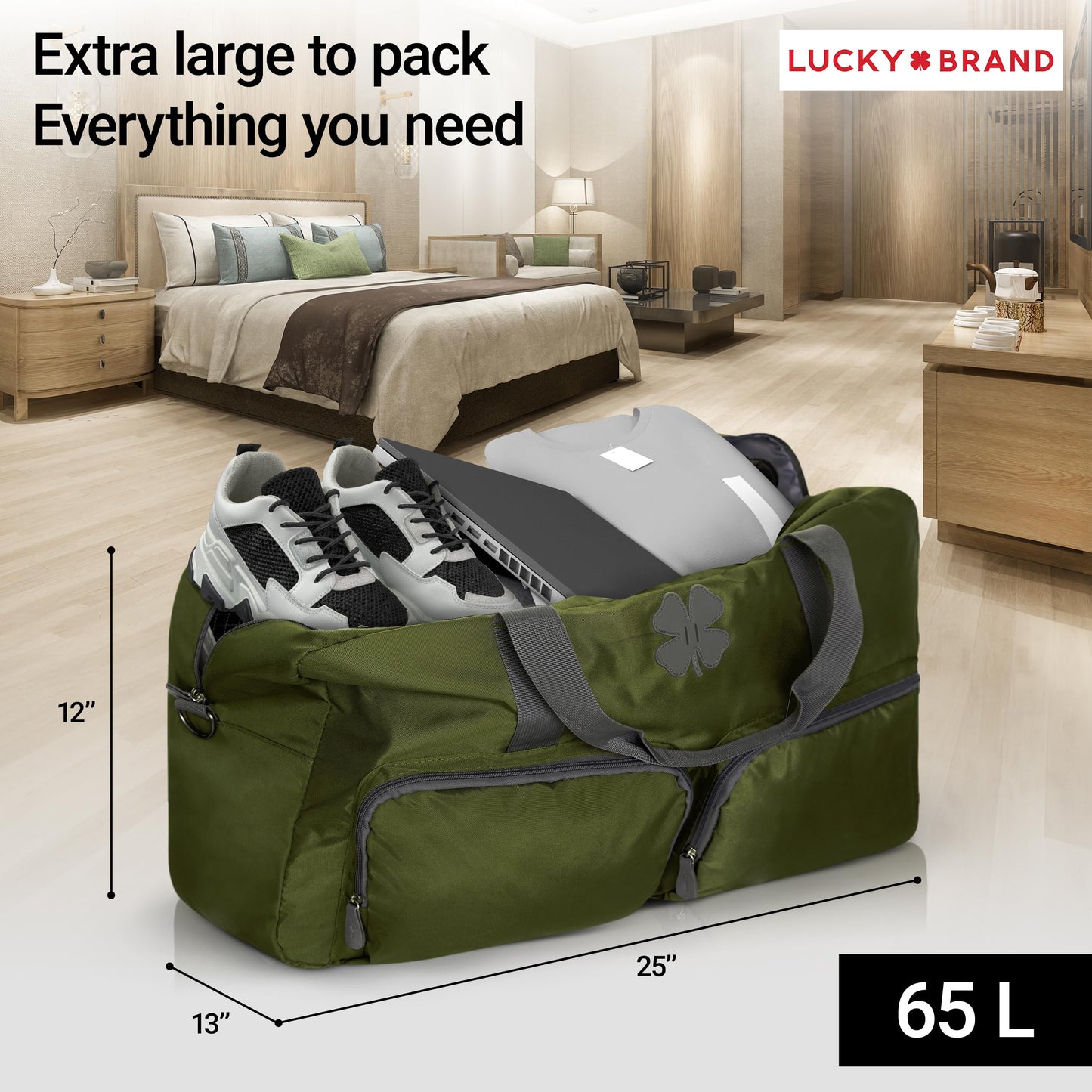 Lucky Travel Duffel Bags 65L, Gym Bag, Travel Bag & Large Duffle Bag for Men, Foldable Overnight Weekender Bags for Women & Men with Adjustable Shoulder Strap, Loden Green