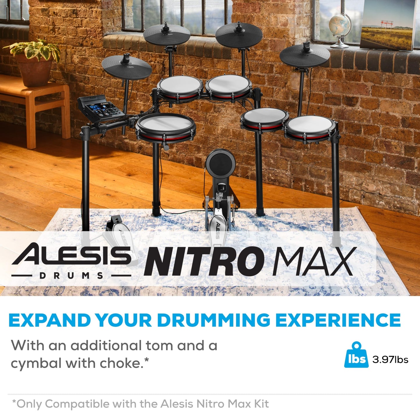 Alesis Drums Nitro Max Expansion Pack - Electric Drum Set Expansion for Nitro Max Kit with Mesh Tom Pad, 10" Cymbal with Choke and Connection Cables