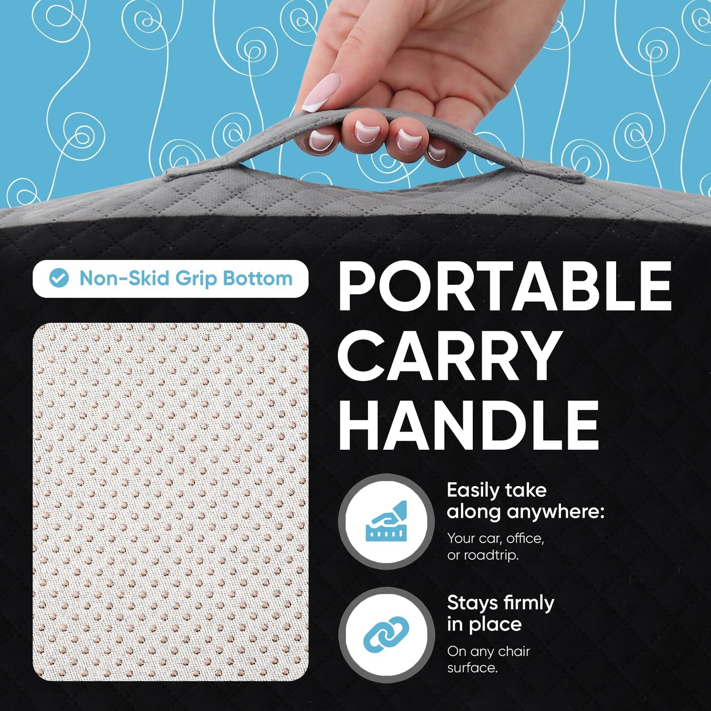 Large Seat Cushion (19” x 17” x 3”) Memory Foam for Office Chair, Wheelchair Cushions, Floor Pillow | Cushion Back Pain Coccyx Pain Relief | Plush Velvet Cover with Carry Handle