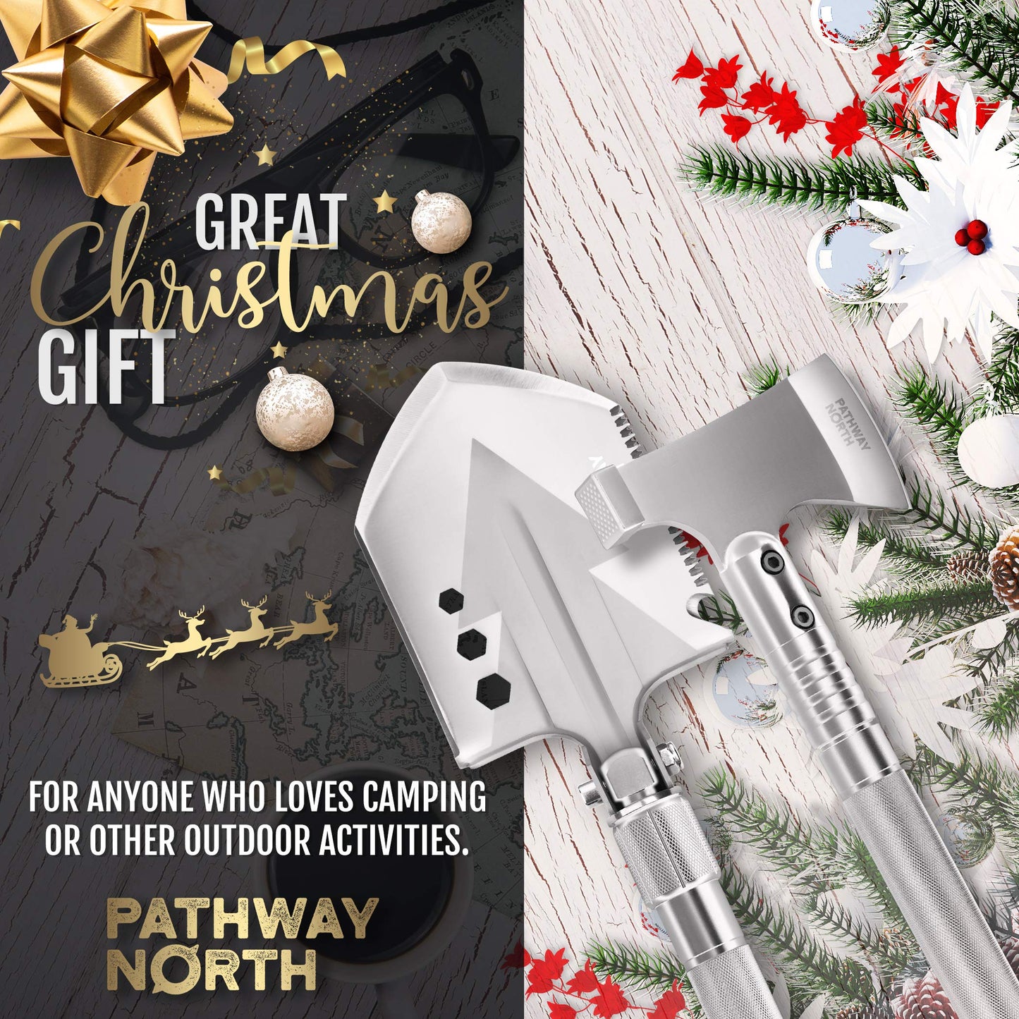 PATHWAY NORTH Survival Shovel and Camping Axe – Stainless Steel Tactical Survival Multi-Tool and Survival Hatchet Equipment for Outdoor Hiking Camping Gear, Hunting, Backpacking Emergency Kit(Silver)