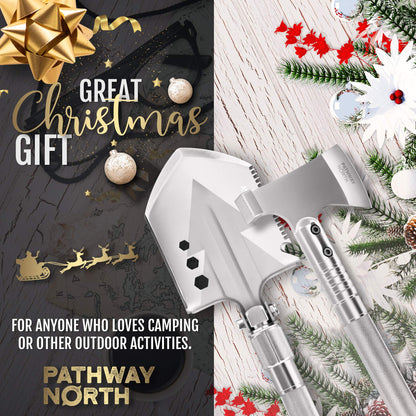 PATHWAY NORTH Survival Shovel and Camping Axe – Stainless Steel Tactical Survival Multi-Tool and Survival Hatchet Equipment for Outdoor Hiking Camping Gear, Hunting, Backpacking Emergency Kit(Silver)
